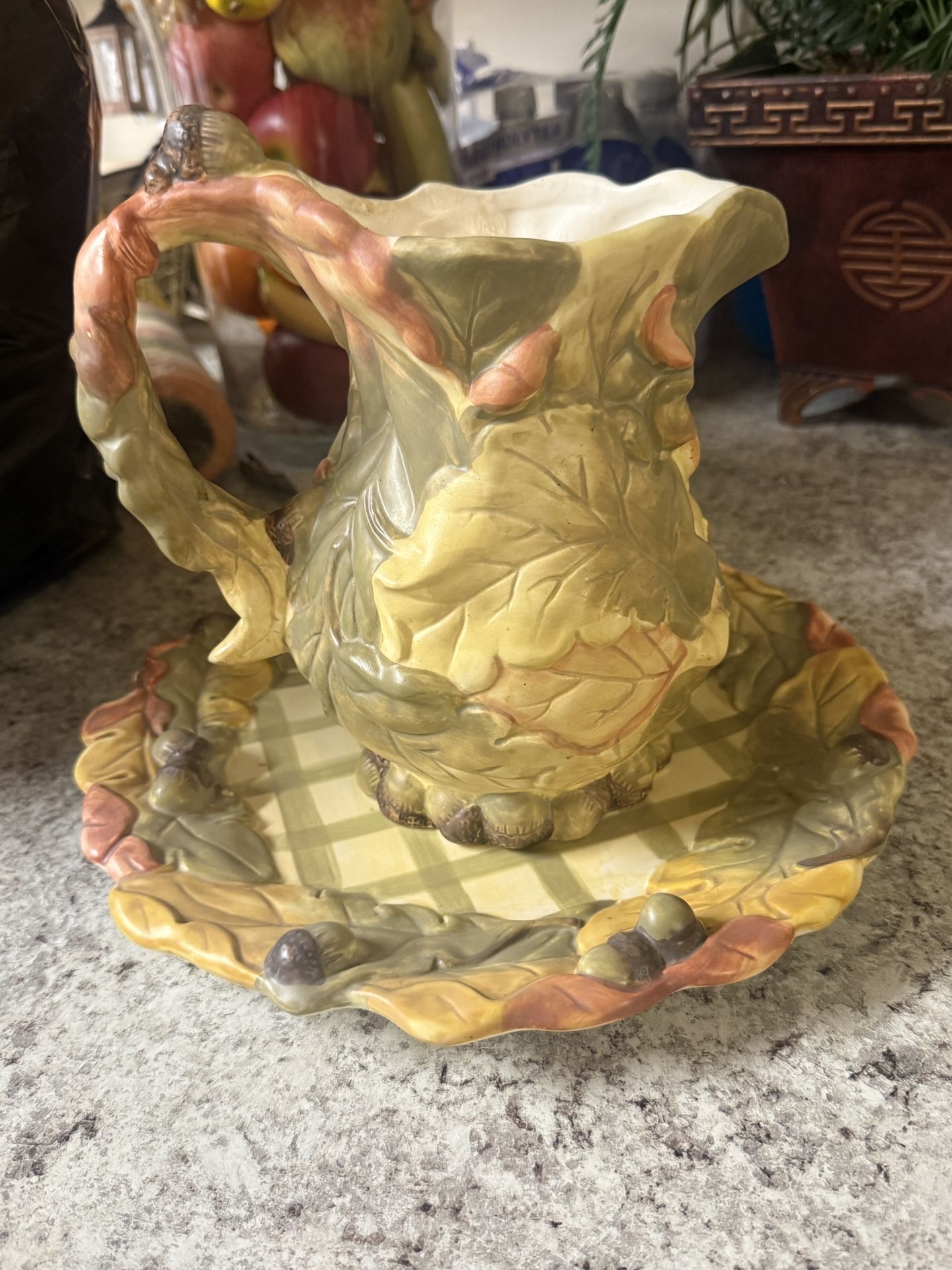 Vintage Harvest Acorn And Leaves Ceramic Pitcher And Platter 