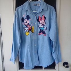 Vintage Mickey Mouse Jean Shirt Blue Light Blue Cotton Button Up Shirt 90s Baggy Minnie Mouse Disney Shirt Women's Size XL