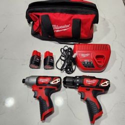Milwaukee M12 12V Lithium-Ion Cordless Drill Driver/Impact Driver Combo Kit w/ Two 1.5Ah Batteries, Charger Tool Bag (2-Tool)