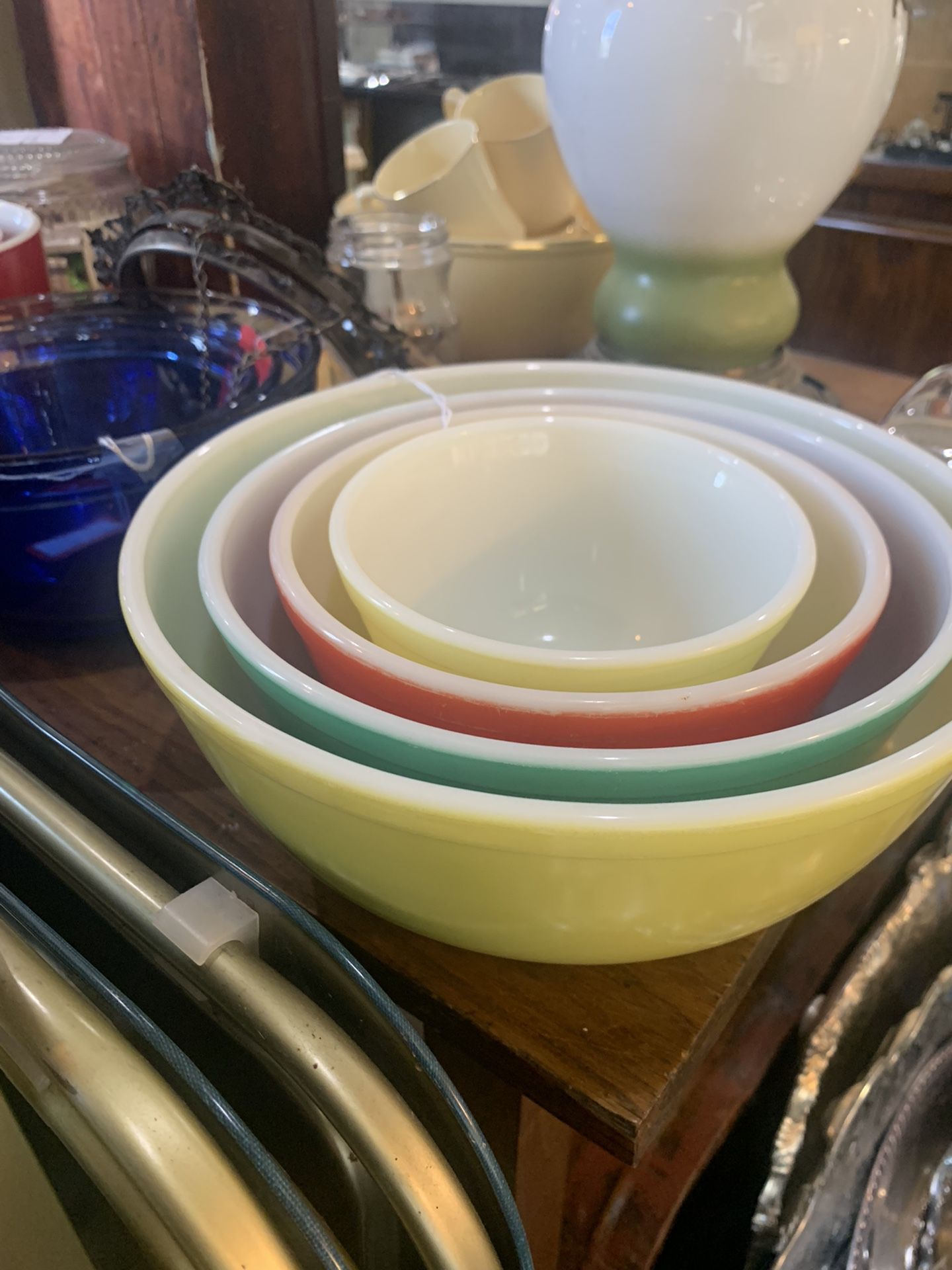 Pyrex and fire king. Different prices. Johanna at Antiques and More. Located at 316b Main Street Buda. Antiques vintage retro furniture collectibles m
