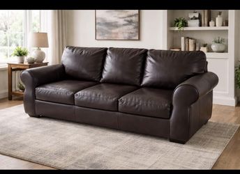 86” Dark Brown Faux Leather Sofa Couch Modern 3 Cushion Living Room