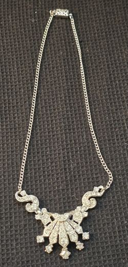 Vtg. Rhinestone Bling Silvertone Jewelry 14" Choker Art Deco Design Necklace Very Rare!