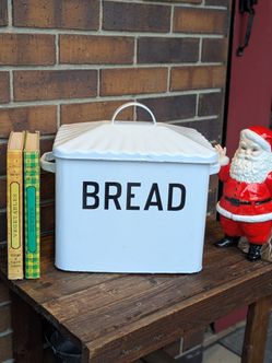 Vintage Black Trim White Enamel Bread Box With Lid