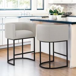 🔥27" H Counter Height Bar Stools Set of 2, Modern Barrel Counter Stools with Backrest and Arms, Black Metal Frames, Linen Fabric Upholstered Accent B