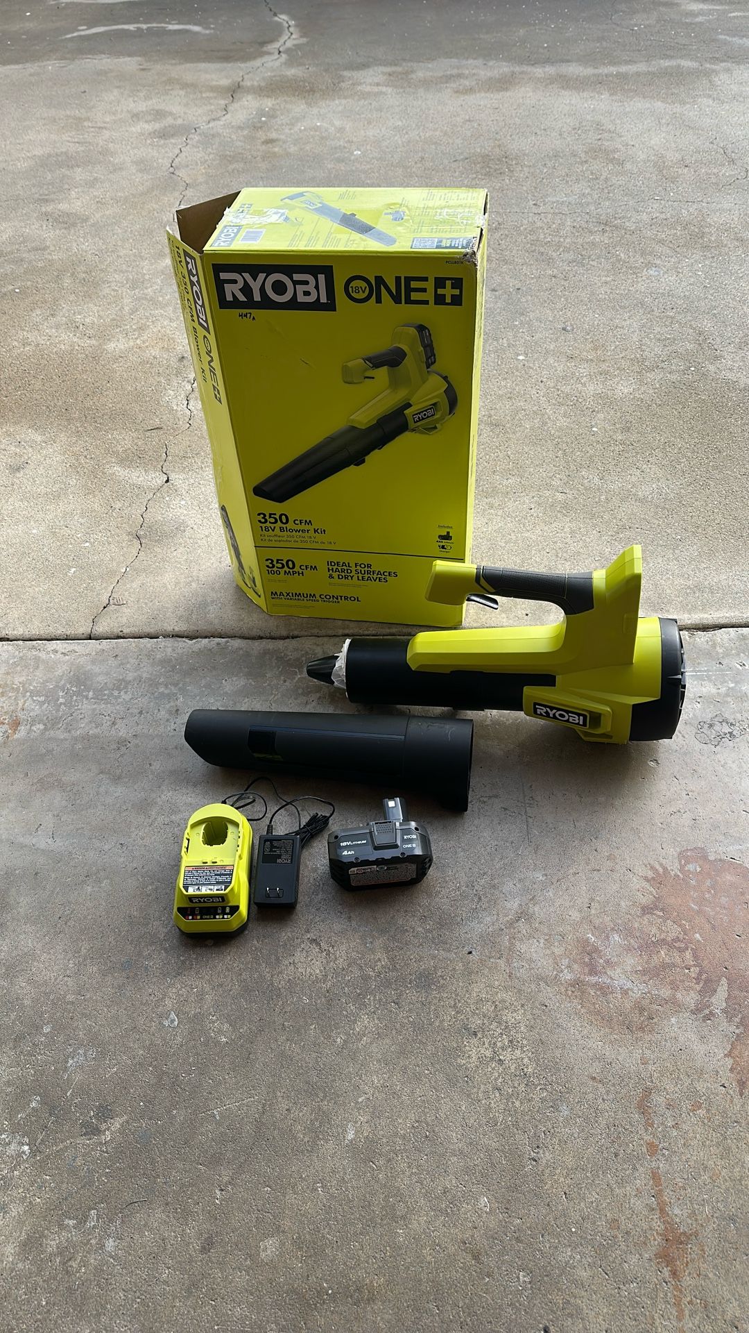 RYOBI ONE+ 18V 100 MPH 350 CFM Cordless Battery Variable Speed Jet Fan Leaf Blower with 4.0 Ah Battery and Charger, Item #447a