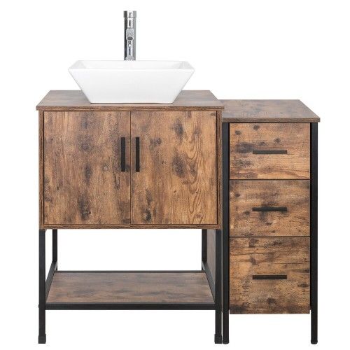 36" Brown Bathroom Vanity Set with Side Cabinet Mid-Century Vanity with Sink & Faucet