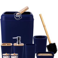 Bathroom Accessories Set, 9 Piece Navy Blue Bathroom Accessory Set with Trash Can,Toothbrush Holder,Toothbrush Cup,Lotion Soap Dispenser,Vanity Tray,S