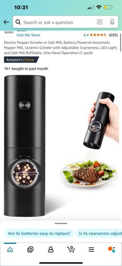 Electric Pepper Grinder or Salt Mill, Battery Powered Automatic Pepper Mill, Ceramic Grinder with Adjustable Coarseness, LED Light, and Salt Mill Refi