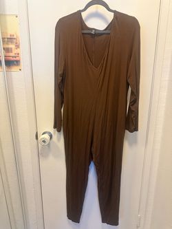 2XL Brown Long Sleeve V-Neck Jumpsuit