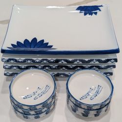Lot of Japanese Sushi Plates & Dipping Sauce Bowls Blue & White Hand Painted Fishes
