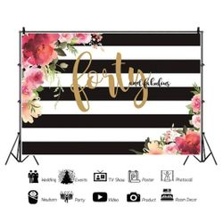 Forty and Fabulous Backdrop Black and White Stripe 40th Birthday Photography Backdrop Pink Floral Flowers Women Happy 40th Birthday Party Decoration B