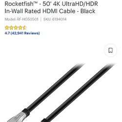 50ft Rocketfish HDMI Cable 4k Ultra Hd /Hdr In-wall Rated 