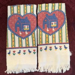 Vintage 90s Country Cottagecore Kitchen Towel Set - Blue Saltbox House & Geese Set of 2