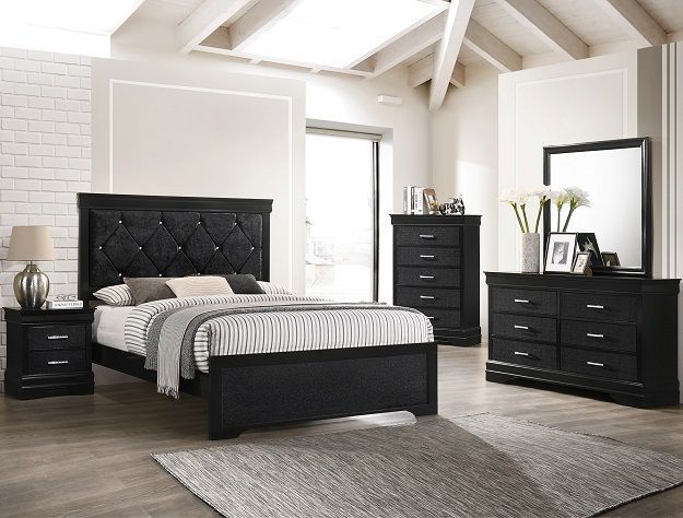 SALE!! NEW ALL BLACK WOOD UPHOLSTERED Bedroom Set KING QUEEN FULL $10 DOWN