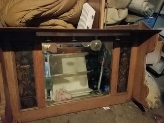 Wooden framed mirror with inlays and light bar