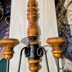 Vtg Two Arm Wrought Iron Wooden Wall Hanging Sconce Candle