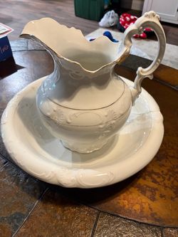 Vintage White Ceramic Pitcher and Basin Set