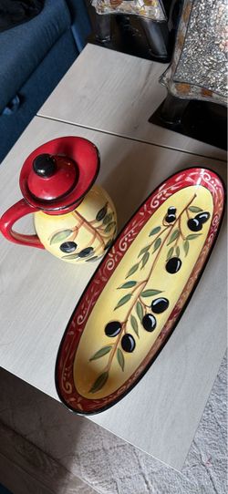 Ceramic Olive Serving Set with Tray and Pitcher