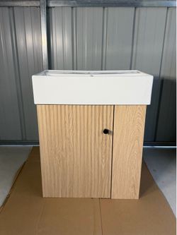 21.6" Floating Bathroom Vanity Sink Combo, Modern Wall Mounted Bathroom Storage Cabinet Set w/White Ceramic Basin Sink Top & Open Shelf for Small Spac