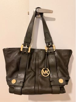 Michael Kors Pebbled Leather Tote Bag | Dark Olive Shoulder Purse | Gold Hardware
