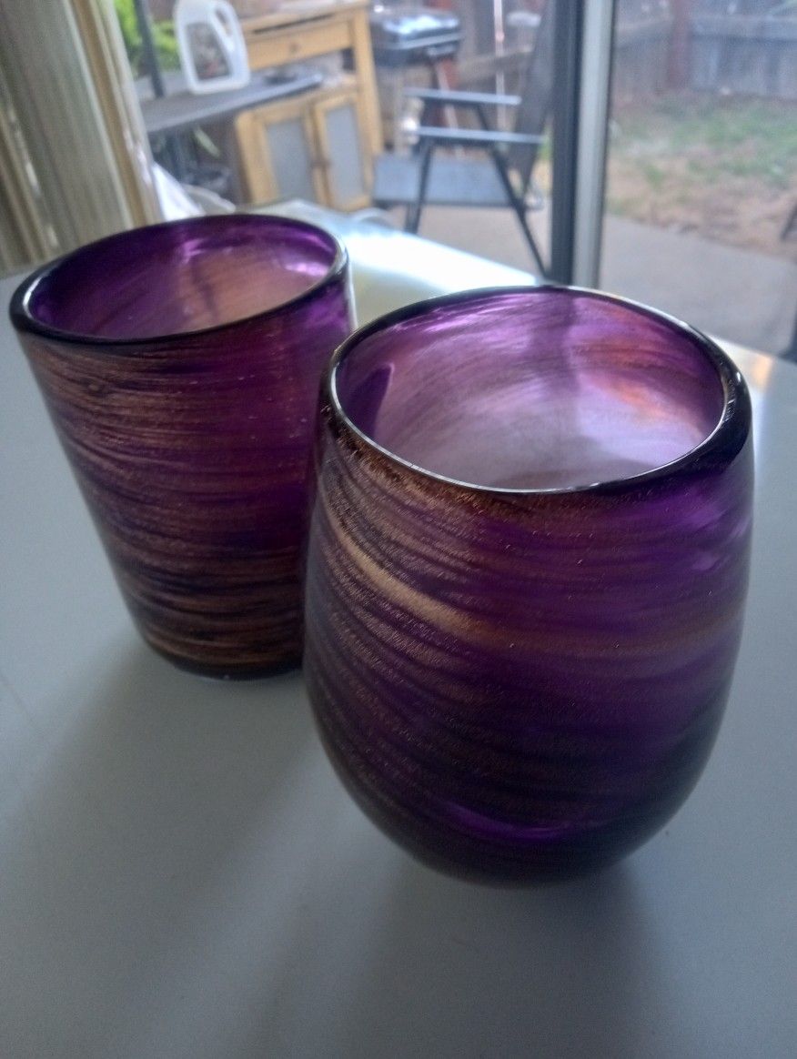 🕯️2 Vintage Blown Glass Purple/Maroon & Gold Swirl Votive Candle Holder🕯️