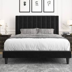 Full Bed Frame/Velvet Upholstered Bed Frame with Vertical Channel Tufted Headboard/Strong Wooden Slats/Platform Bed Frame/Mattress Foundation/Box Spri