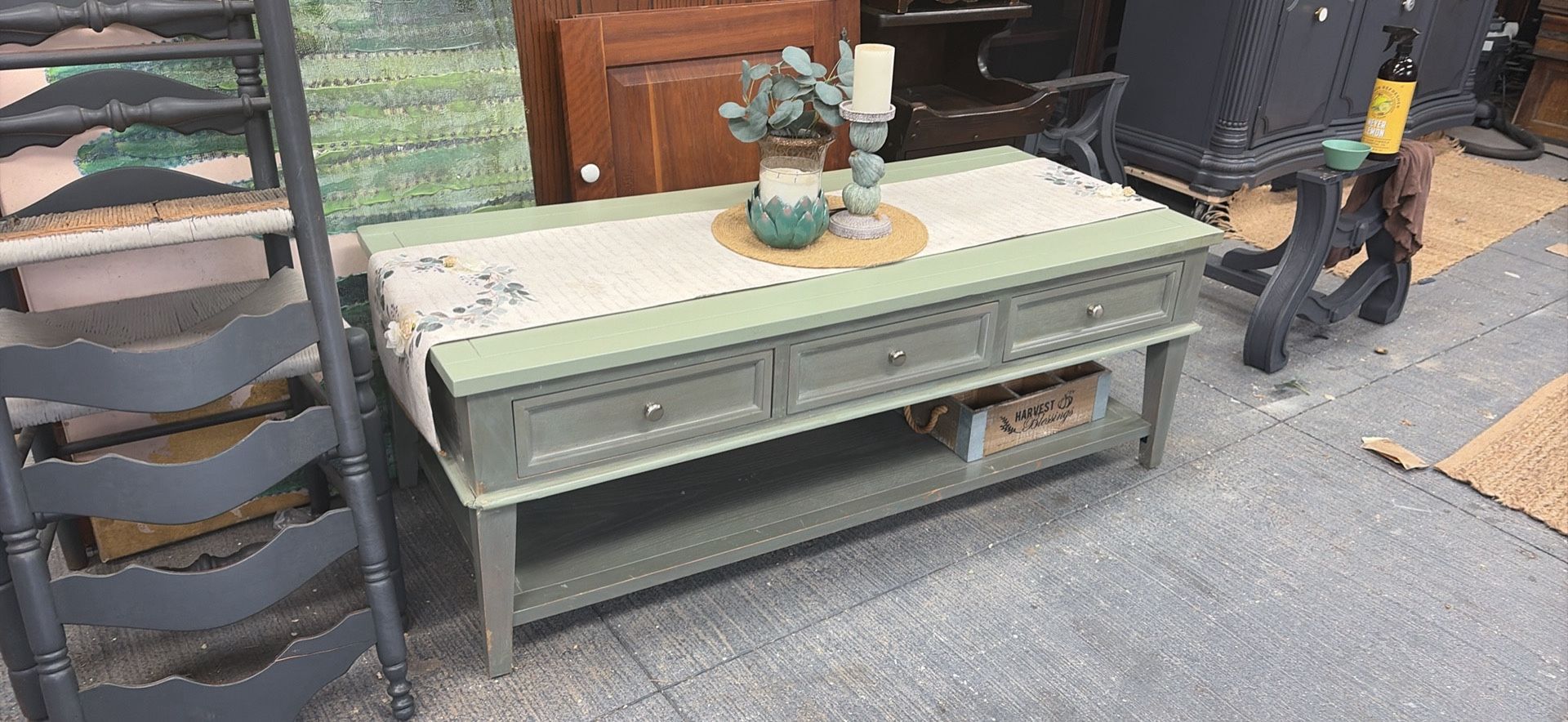Coffee Table Two-Tone Green Wood Farmhouse