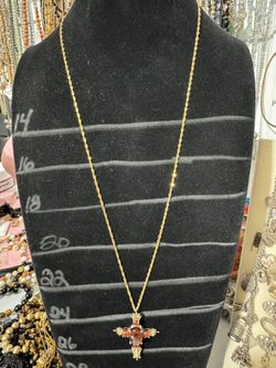 Gold Over 925 Sterling Silver Faux Amber Cross Pendant Necklace