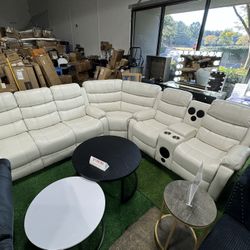 White Recliner Sectional with Bluetooth Speaker and LED Lights 