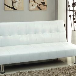 Brand New White  Chrome Leatherette Futon Sofa Converts Into Bed 