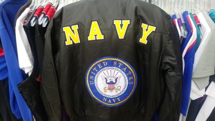 Brand. New NAVY. LEATHER JACKETplease ask me Sizes availablelty I will Let you know Right away