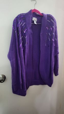 Vintage Aphrodite Purple Silk Angora Knit Skirt Suit Set Medium 2pc Sequin Bead