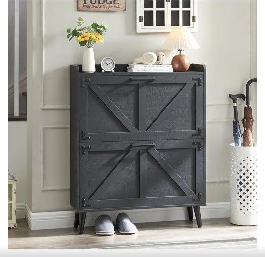 Shoe Cabinet with 2 Flip Drawers & Open Storage,Farmhouse Shoe Storage Cabinet for Entryway,Freestanding Narrow Organizer Rack with Legs,Foyer,Hallway