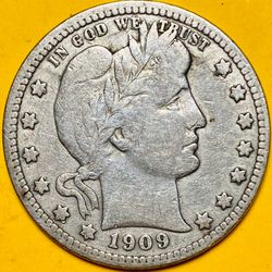 1909 U.S. BARBER SILVER QUARTER 25c COIN (VF-Very Fine)