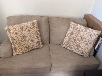 Beige Fabric Loveseat with Accent Pillows