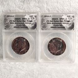 #456 JFK High Relief Set Of 2 SP69 Half Dollar Coins