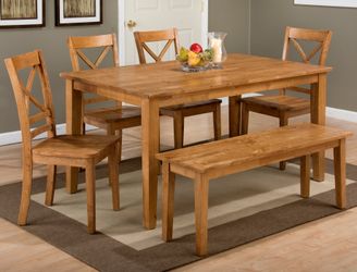 Simplicity Honey Rect. Dining Table w/ 4 X-Back Chairs, Bench