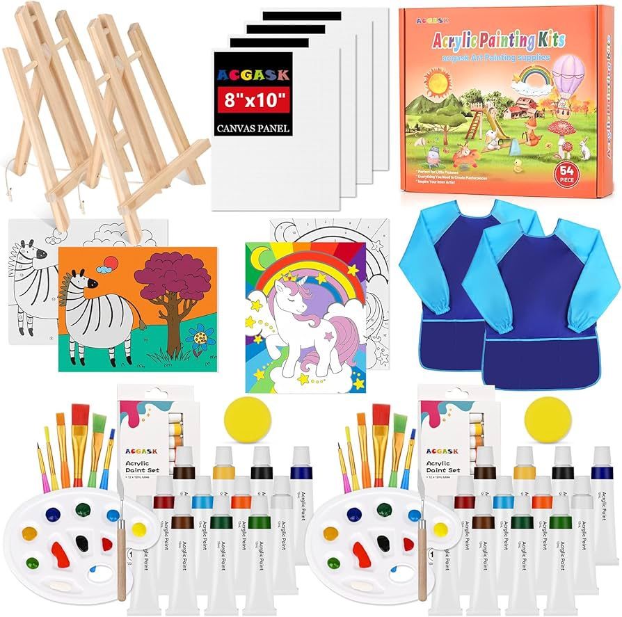54 Pieces Acrylic Paint Set for Kids,Non Toxic Kids Painting Set,Arts Supplies and Painting Kits for Kids with 8 Canvas Panels,2X 12 Paints,2 Art Smoc