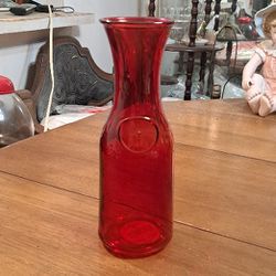 Ruby Red Carafe Or Flower Vase 10.5" Tall Holds Approximately 38 OZ, Has A Scuff (See Last Pic) Priced As-Is