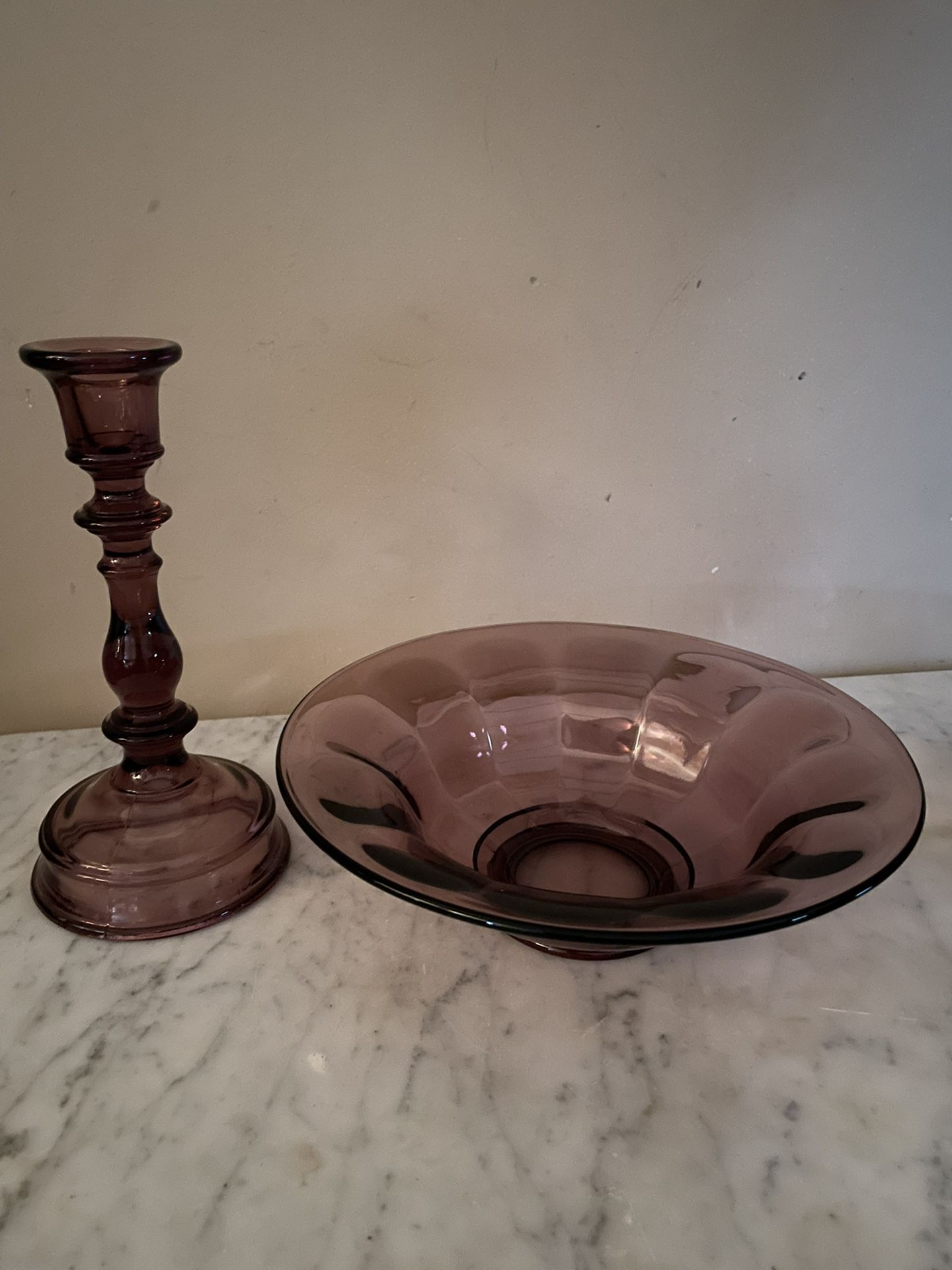 Beautiful Amethyst Art Glass Bowl And Candleholder