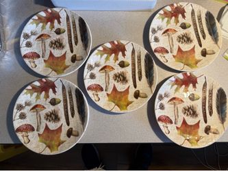 Pier 1 Imports Woodland Mushroom Salad 8.75" Plates Feather Pinecone