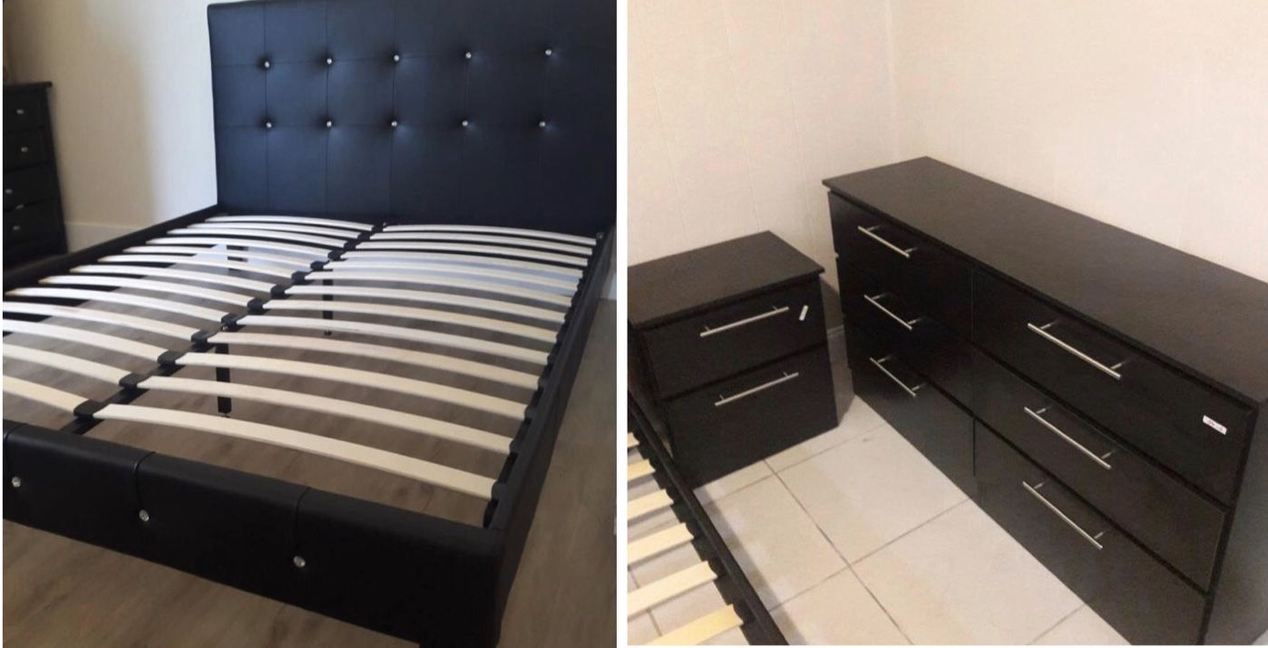 New black or white queen platform bed frame with crystals. Dresser. One nightstand. Delivery