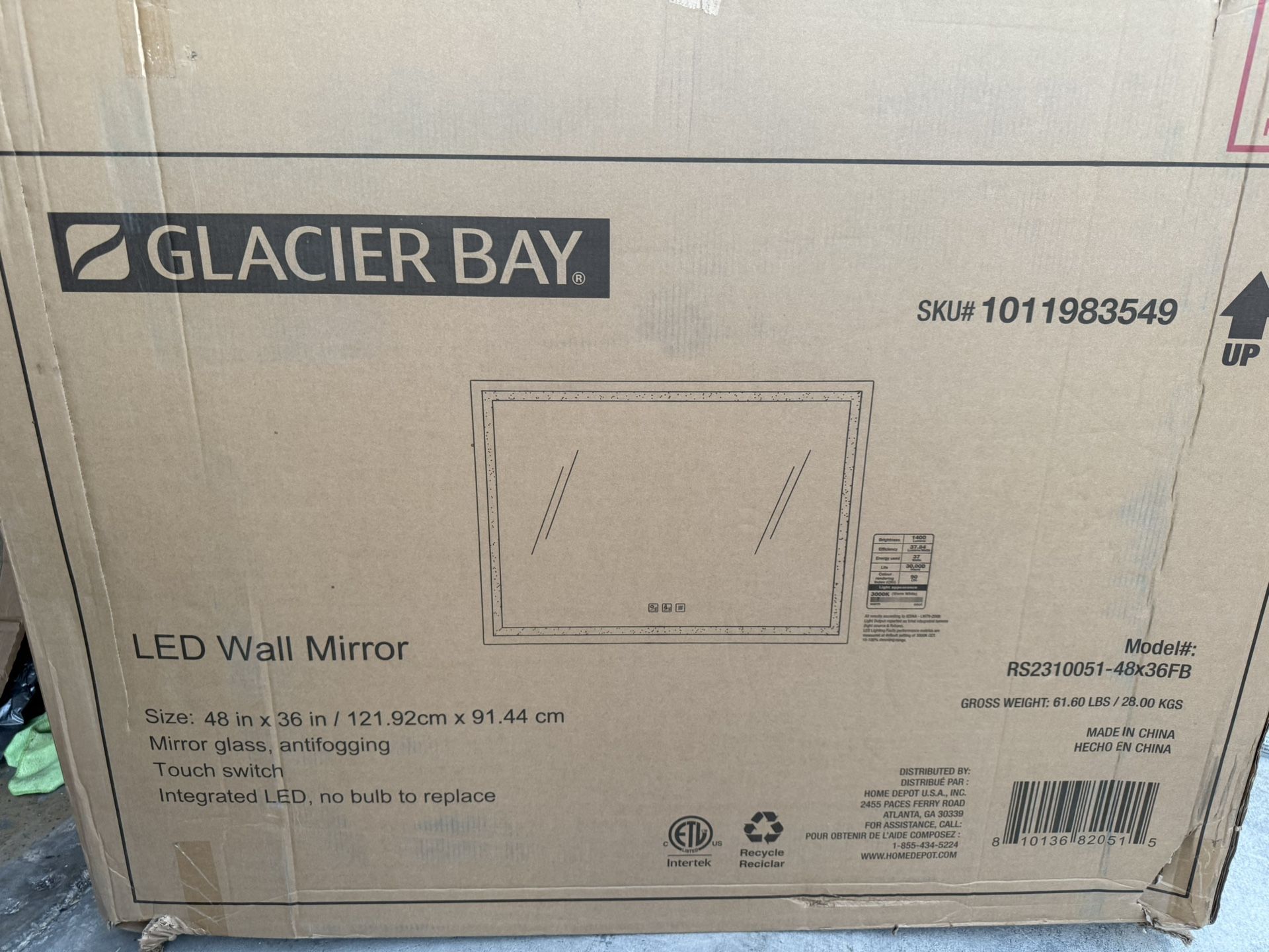 48 in. W x 36 in. H Rectangular Frameless Anti-Fog LED Light Wall Bathroom Vanity Mirror