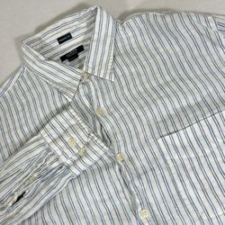 J. Crew Blue Pinstriped 100% Irish Linen Long Sleeve Button Up Shirt Men's XL