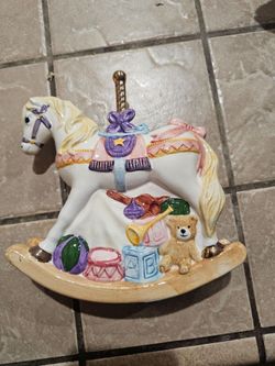 Ceramic Rocking Horse Figurine with Toys