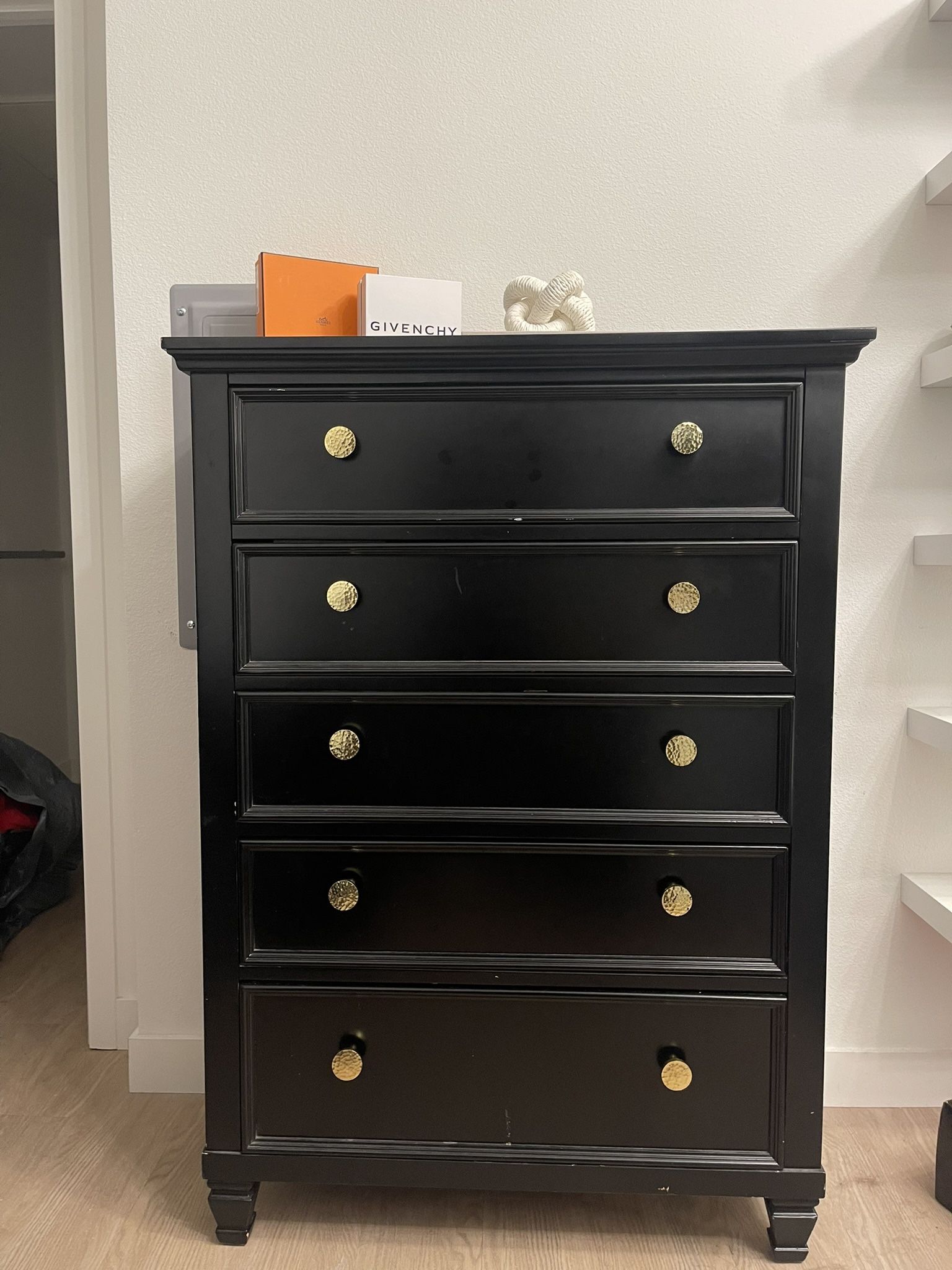 Black 5-Drawer Dresser with Gold Knobs 