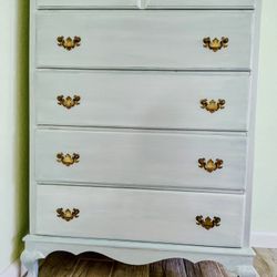 Antique metallic Tiffany blue painted chest 5 drawer dresser 34"X19.5" x46"