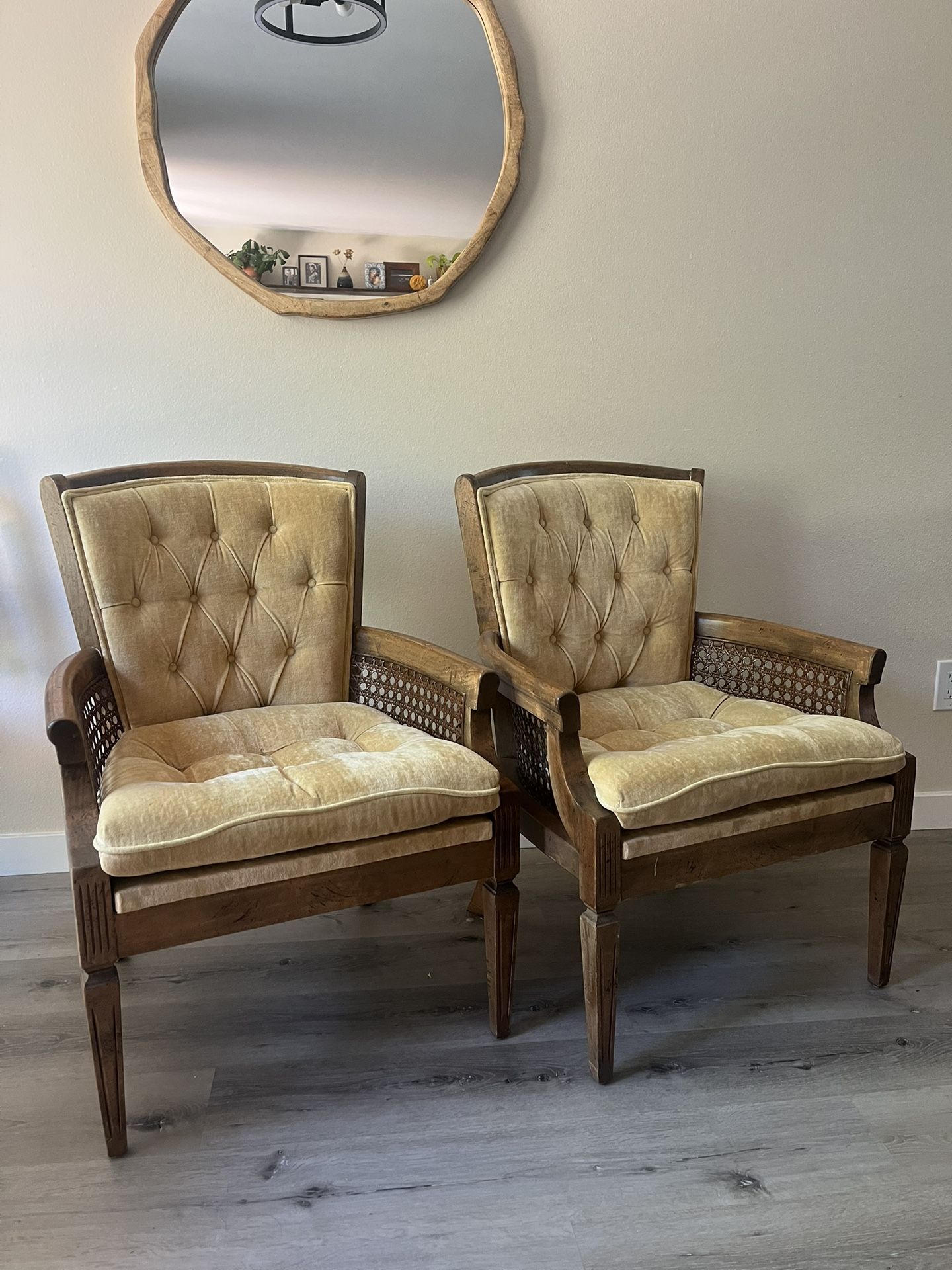 Vintage Velvet Tufted Cane Chairs