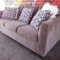 Like New Gray/ Brown Blended 87" Sofa Couch With 3 Decorative Pillows