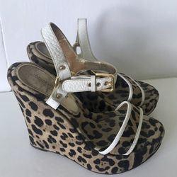 DOLCE & GABBANA PRINTED CANVAS LEOPARD, WEDGE SANDALS SIZE 38